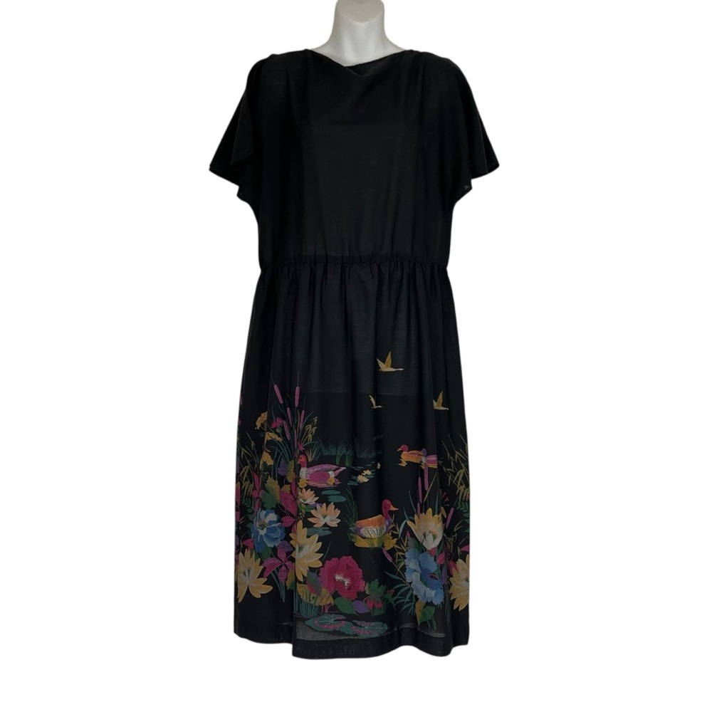 Vintage Black Floral Duck Pond Print Midi Dress Sheer & Lightweight Size Medium